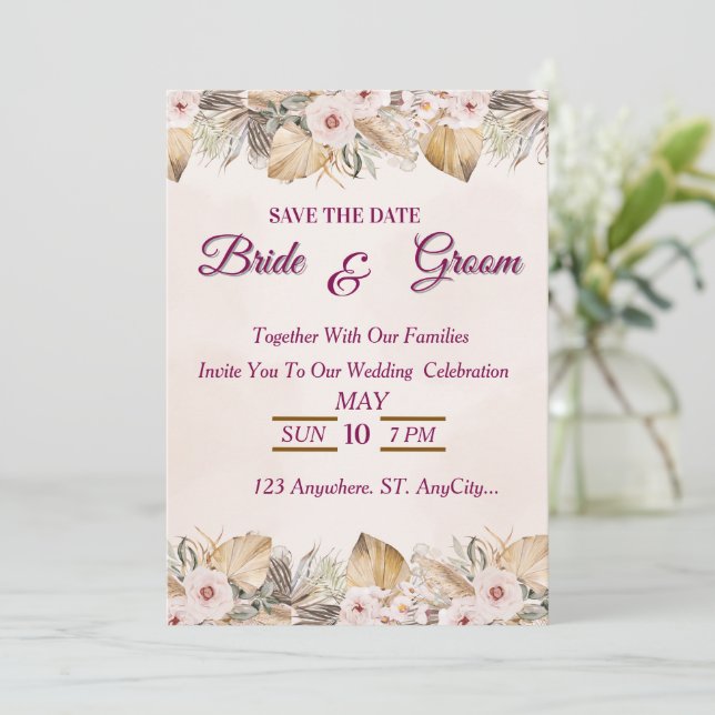 Elegant Floral Gold Wedding  Invitation (Standing Front)