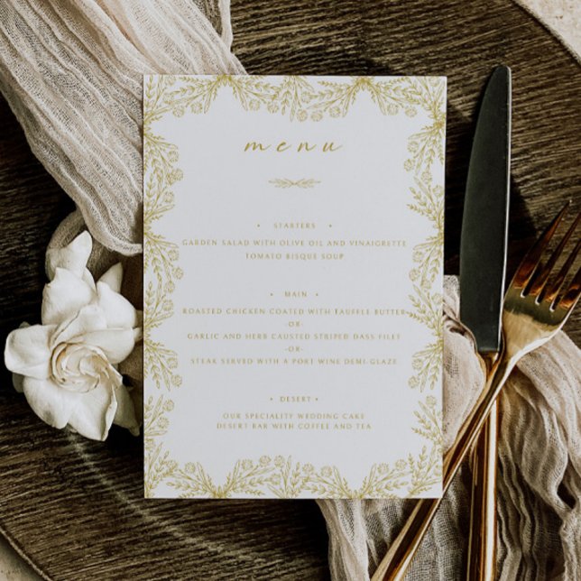 Elegant Floral Gold & White Wedding Table Dinner Menu (Creator Uploaded)