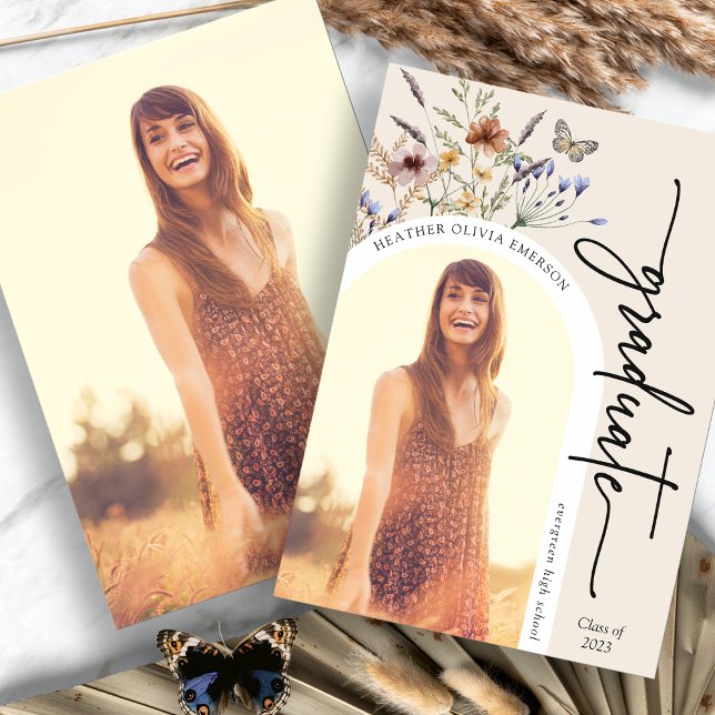 Elegant Floral Graduate Announcement (Elegant Floral Graduate Picture Announcement with Butterfly by Painted Paperie
)