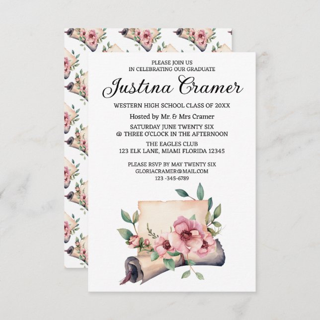 Elegant Floral Graduation Invitation (Front/Back)
