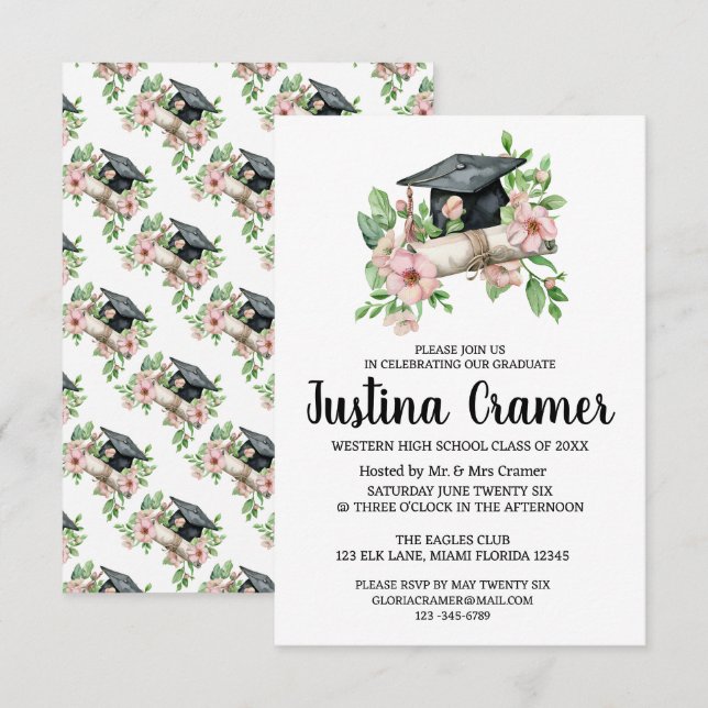 Elegant Floral Graduation Invitation (Front/Back)