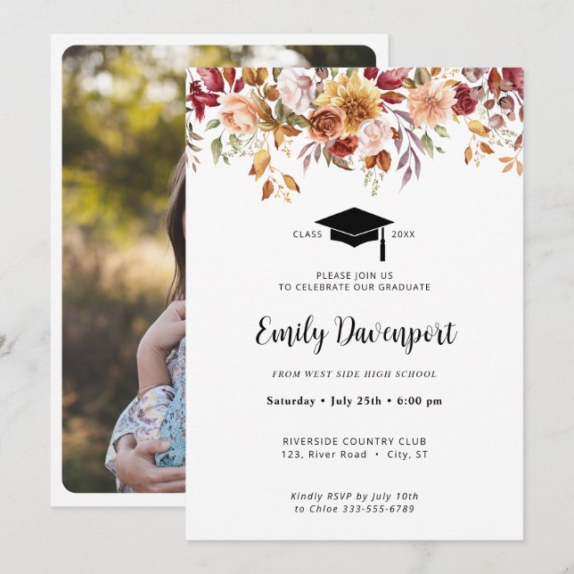 Elegant Floral Graduation photo on back  Invitation (Front/Back)