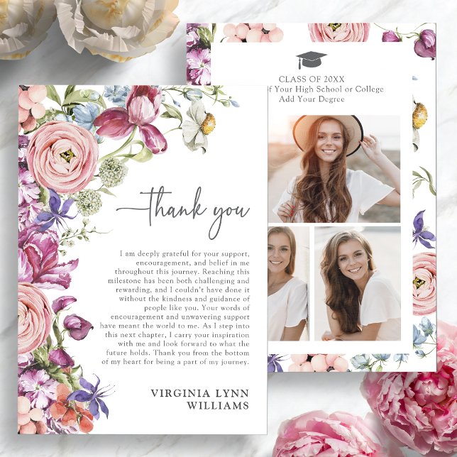 Elegant Floral Graduation Photo Thank You Card (Elegant Floral Watercolor Graduation Photo Thank You Card by Painted Paperie
)