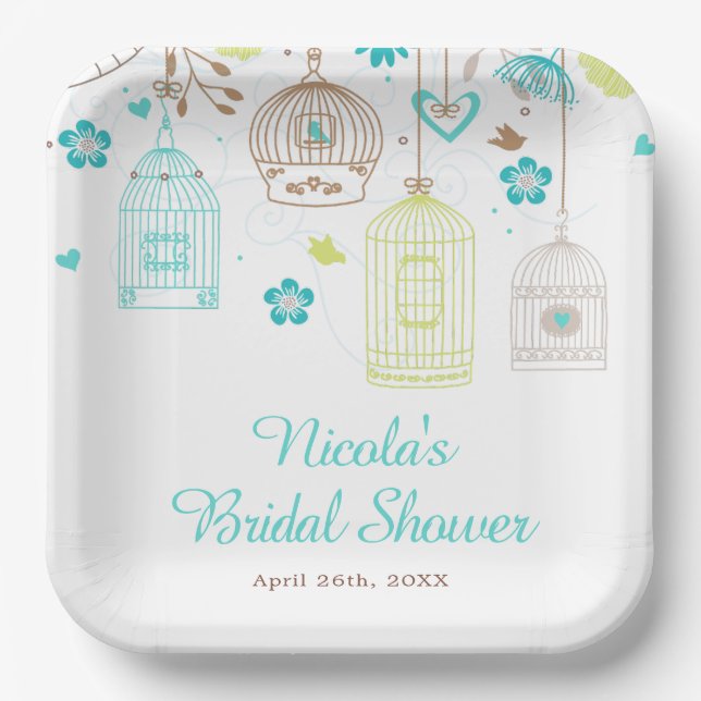 Elegant Floral Green and Blue Bridal Shower Paper Plate (Front)