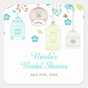 Elegant Floral Green and Blue Bridal Shower Square Sticker