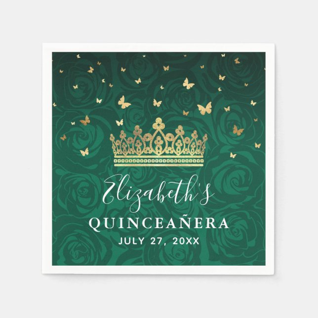 Elegant Floral Green Gold Crown Birthday Template Napkin (Front)