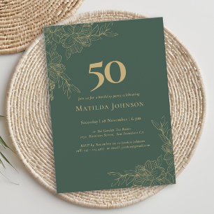 Elegant Floral Green Gold Floral 50th Birthday Invitation