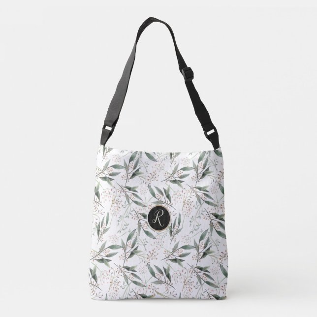 Elegant floral green leaf monogram pink flower crossbody bag (Back)