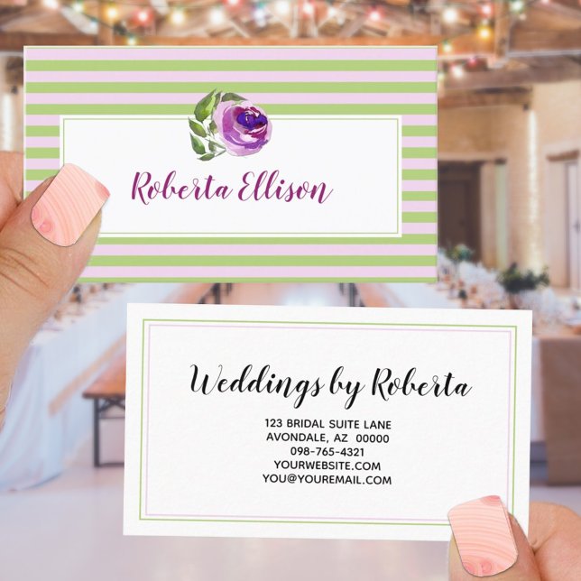 Elegant Floral Green Lilac Horizontal Stripes Business Card (Creator Uploaded)