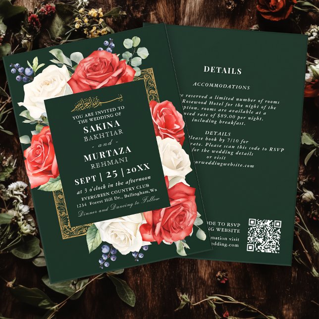 Elegant Floral Green Muslim Wedding QR Code Invitation (Creator Uploaded)