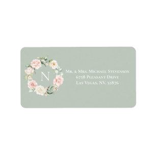 Elegant Floral Green Pink Blush Monogram Wedding Label