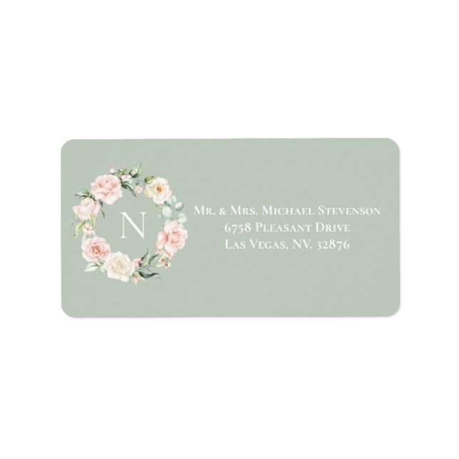Elegant Floral Green Pink Blush Monogram Wedding Label (Front)