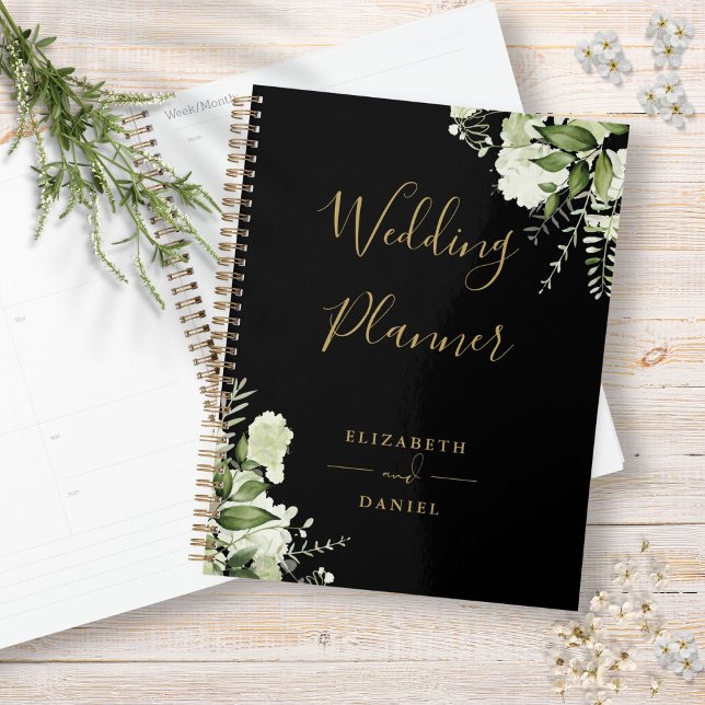 Elegant Floral Greenery Black And Gold Wedding Planner (Elegant Floral Greenery Black And Gold Wedding Planner)