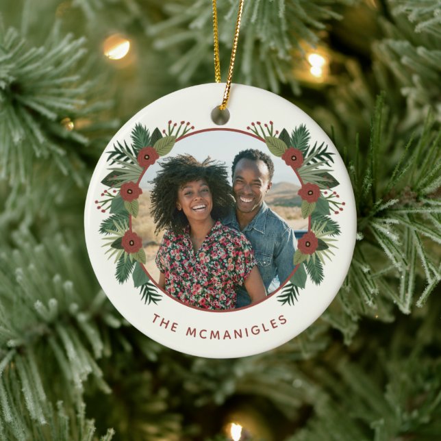 Elegant Floral Greenery Christmas 2 Photo Family Ceramic Ornament (Tree)