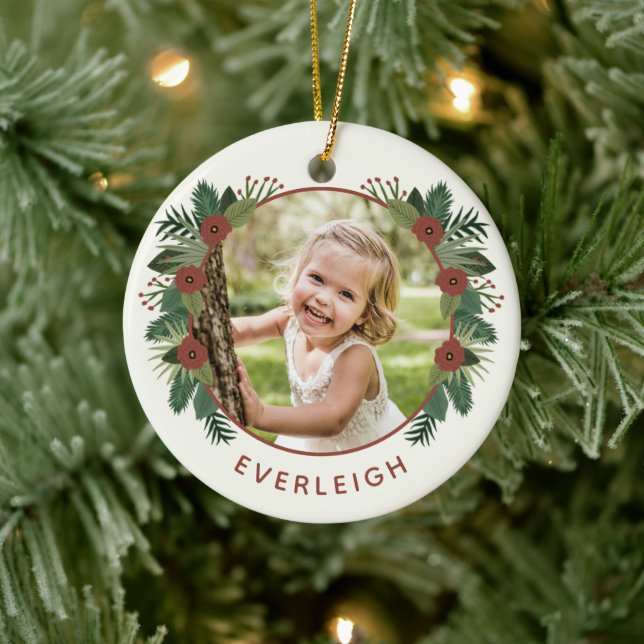 Elegant Floral Greenery Christmas 2 Photo Kids Ceramic Ornament (Tree)