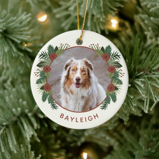 Elegant Floral Greenery Christmas 2 Photo Pet Ceramic Ornament (Tree)