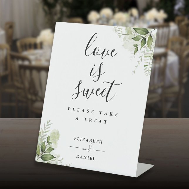 Elegant Floral Greenery Love Is Sweet Favour Pedestal Sign (Elegant Floral Greenery Love Is Sweet Favor Pedestal Sign)