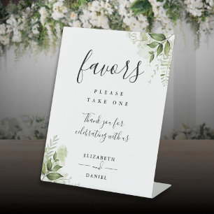 Elegant Floral Greenery Modern Script Favours Pedestal Sign