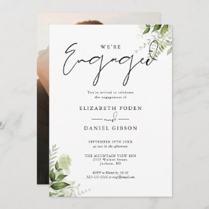 Elegant Floral Greenery Photo Engagement Party Invitation