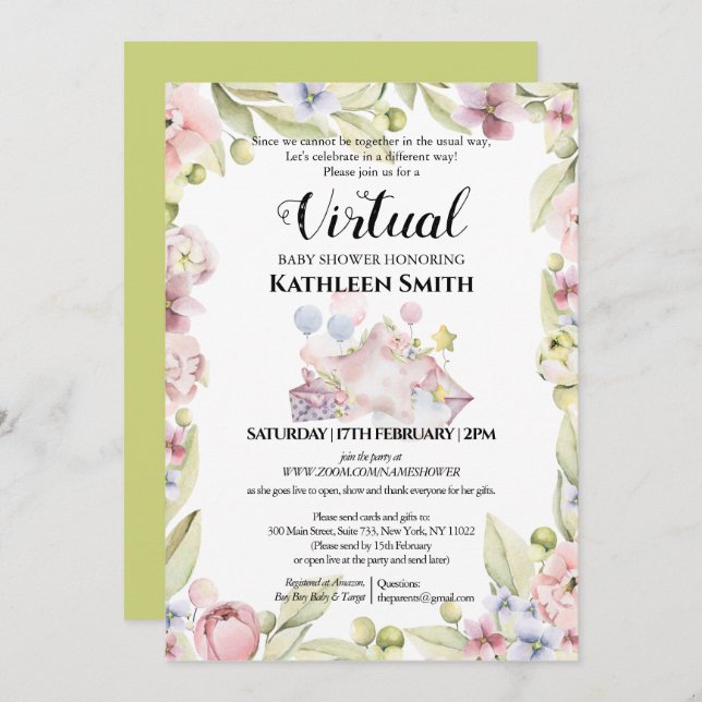 Elegant Floral Greenery Watercolor Virtual Shower Invitation (Front/Back)