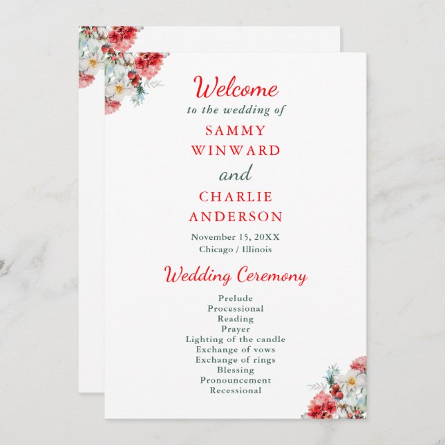 Elegant Floral Greenery Winter Wedding Program (Front/Back)