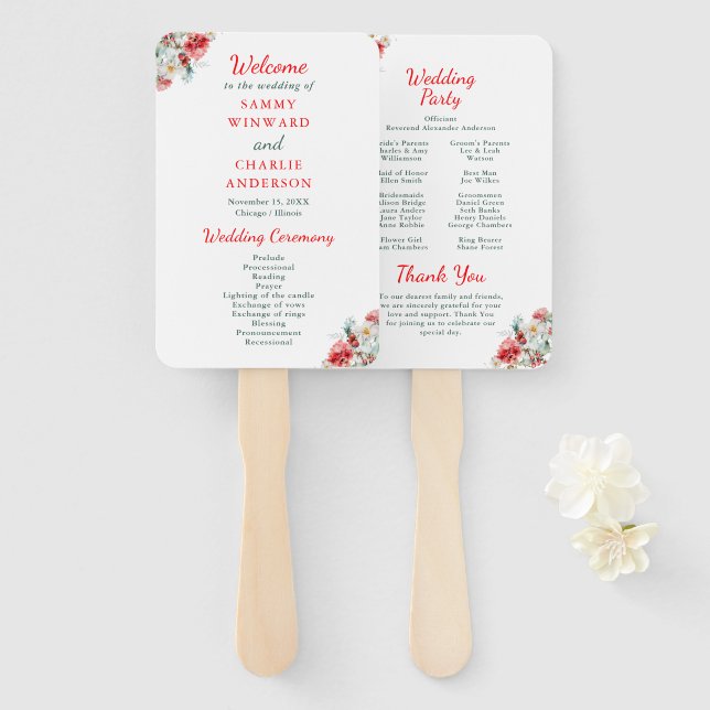 Elegant Floral Greenery Winter Wedding Program Hand Fan (Front and Back)
