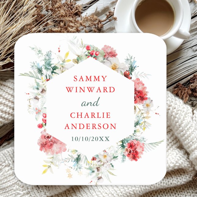 Elegant Floral Greenery Winter Wedding Square Pape Square Paper Coaster (Creator Uploaded)