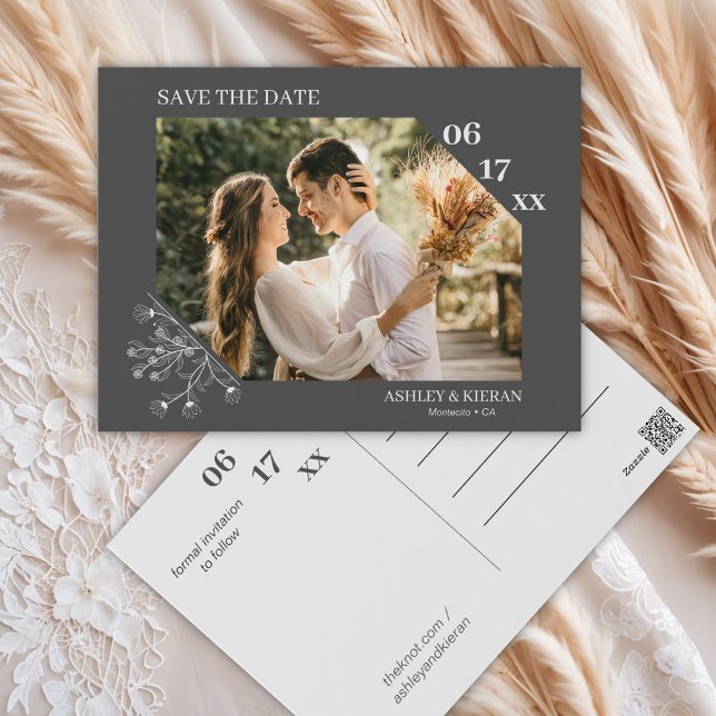 Elegant Floral Grey Wedding Save the Date Postcard (Creator Uploaded)