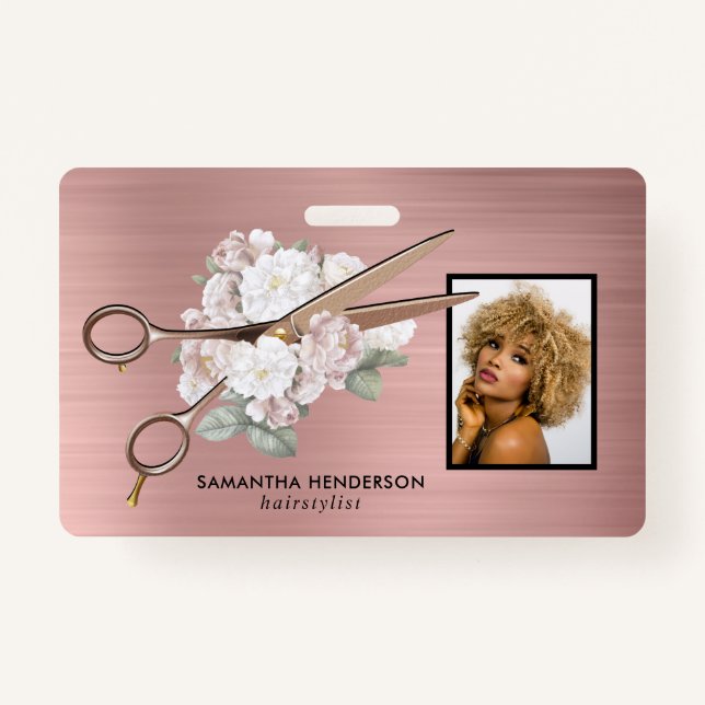 Elegant Floral Hair Salon Employee Photo Badge ID Badge (Front)
