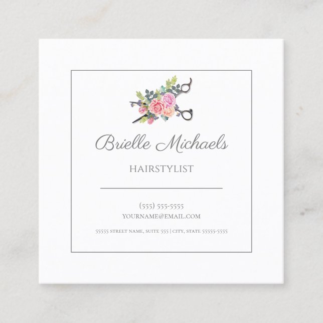 Elegant Floral Haircutting Scissors Hair Stylist Square Business Card (Front)