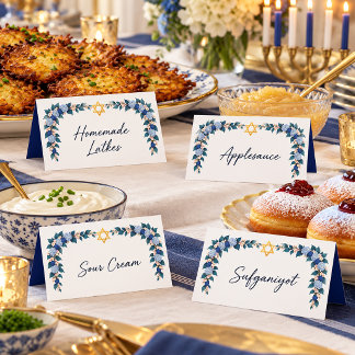 Elegant Floral Hanukkah Write-In Food Tent Cards