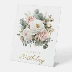 Elegant Floral "Happy Birthday"  Pedestal Sign