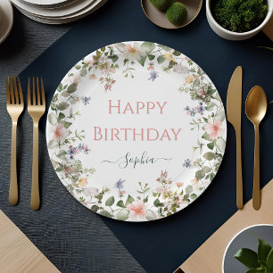 Elegant Floral Happy Birthday – Personalised Party Paper Plate