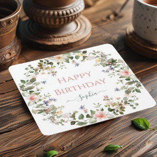 Elegant Floral Happy Birthday – Personalised Party Square Paper Coaster