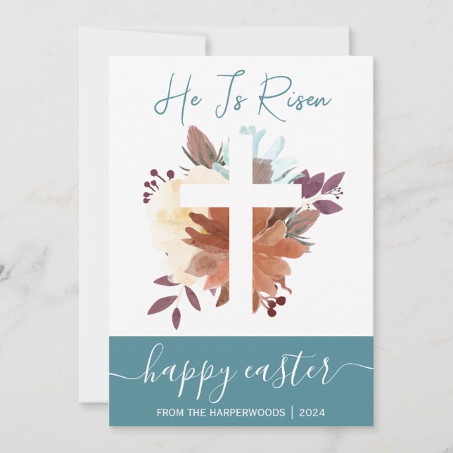 Elegant Floral Happy Easter Cross Christian Holiday Card (Front)