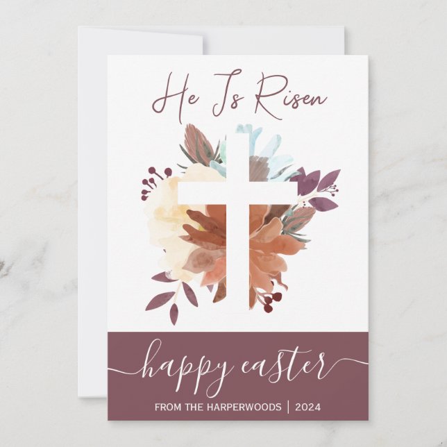 Elegant Floral Happy Easter Cross Christian Holiday Card (Front)