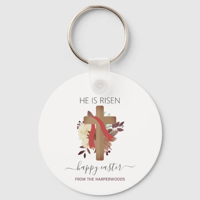 Elegant Floral Happy Easter Cross Christian Key Ring (Front)