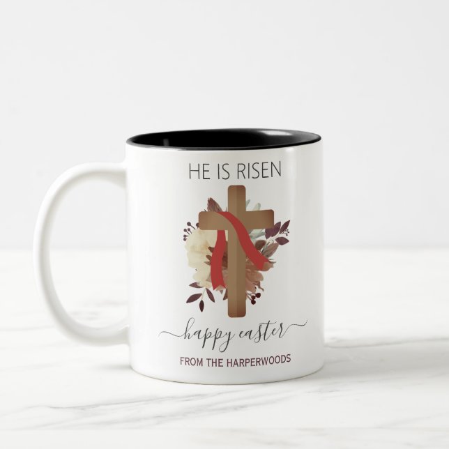 Elegant Floral Happy Easter Cross Christian Two-Tone Coffee Mug (Left)