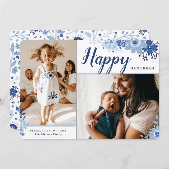 Elegant Floral Happy Hanukkah 2 Photo Holiday Card (Front/Back)