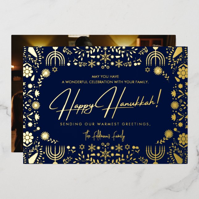Elegant Floral Happy Hanukkah Family Photo Foil Holiday Card (Front/Back)