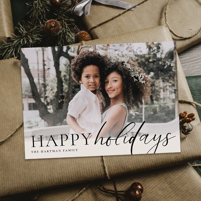 Elegant Floral Happy Holidays Black Ivory Photo    Holiday Card (Creator Uploaded)