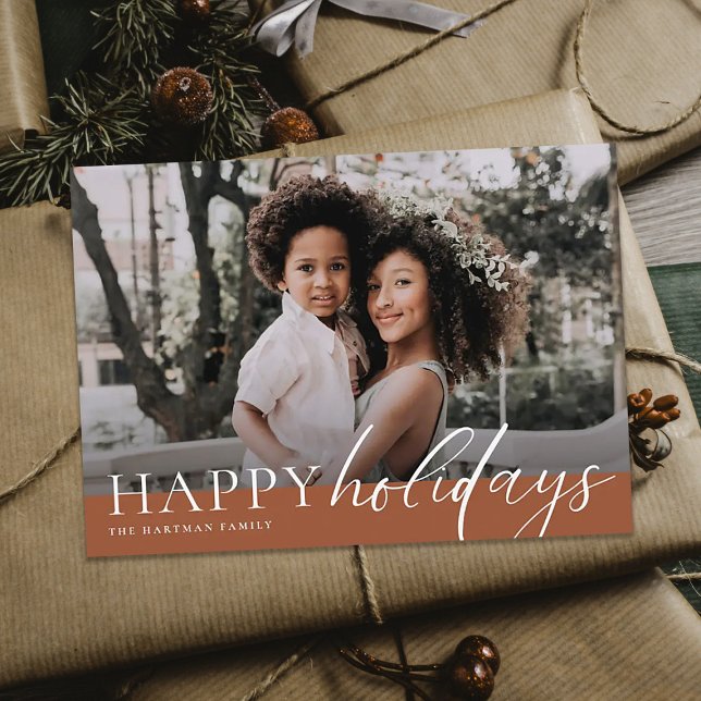 Elegant Floral Happy Holidays Terracotta Photo    Holiday Card (Creator Uploaded)