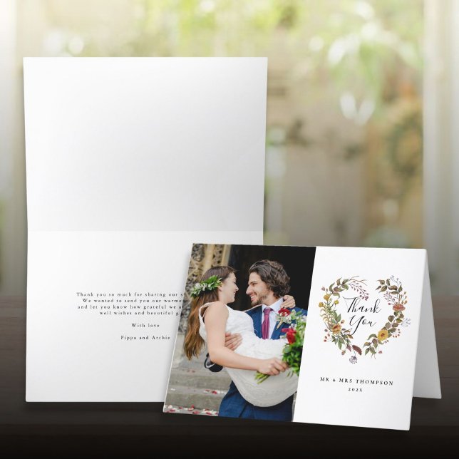 Elegant Floral Heart Country Wedding Photo Thank You Card (Elegant Floral Heart Country Wedding Photo Thank You Card)