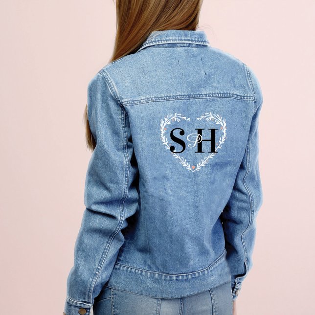 Elegant Floral Heart Personalised Monogram Design Denim Jacket (Elegant Floral Heart Personalized Monogram Design Denim Jacket)