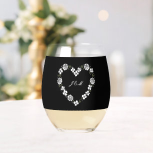 Elegant Floral Heart Stemless Wine Glass - Favor