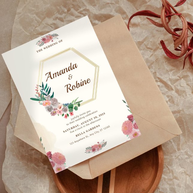 Elegant Floral Hexagon Gold Frame Wedding Invitation (Creator Uploaded)