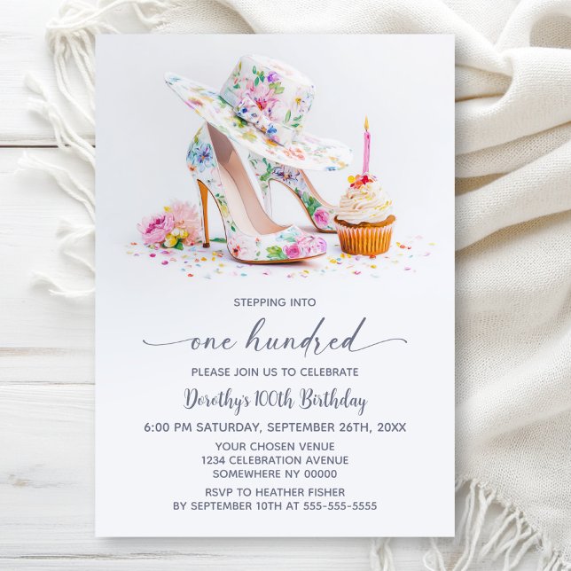 Elegant Floral High Heel Shoes 100th Birthday Invitation (Creator Uploaded)