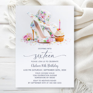 Elegant Floral High Heel Shoes 16th Birthday Party Invitation