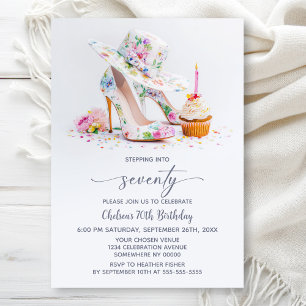 Elegant Floral High Heel Shoes 70th Birthday Party Invitation