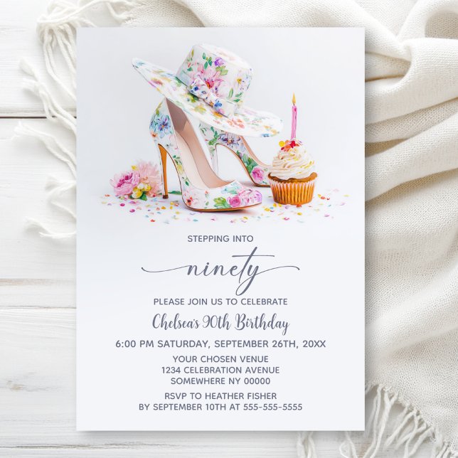 Elegant Floral High Heel Shoes 90th Birthday Party Invitation (Creator Uploaded)
